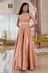 Paulmi And Harsh_Pink Jacquard, Shantoon Beads Round Neck Rose Bud Flared Jumpsuit _Online_at_Aza_Fashions