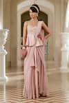 Buy_Paulmi And Harsh_Pink Jacquard, Shantoon, Georgette Flamingo Peplum Pre-draped Saree Set _at_Aza_Fashions