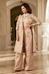 Buy_Paulmi And Harsh_Peach Jacquard Embroidery, Beads Round Neck Mocha Blush Co-ord Set _at_Aza_Fashions