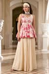 Buy_Paulmi And Harsh_Ivory Georgette Embroidery V-neck Peplum Top And Palazzo Set _at_Aza_Fashions