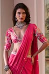 Paulmi And Harsh_Pink Chiffon Embroidery V-neck Hot Pre-draped Saree Set _Online_at_Aza_Fashions