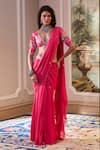 Buy_Paulmi And Harsh_Pink Chiffon Embroidery V-neck Hot Pre-draped Saree Set _at_Aza_Fashions