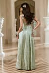 Shop_Paulmi And Harsh_Mint Shantoon, Jacquard Zari V-neck Green Pleated Gown With Belt _at_Aza_Fashions