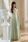 Buy_Paulmi And Harsh_Mint Shantoon, Jacquard Zari V-neck Green Pleated Gown With Belt _Online_at_Aza_Fashions