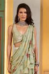 Paulmi And Harsh_Green Chiffon Embroidery V-neck Sage Pre-draped Ruffle Saree Set _Online_at_Aza_Fashions
