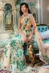 Paulmi And Harsh_Ivory Georgette Embroidery, Beads Sweetheart Neck Floral Pre-draped Saree Set _at_Aza_Fashions