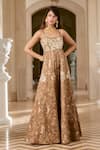 Shop_Paulmi And Harsh_Brown Jacquard, Shantoon Embroidery Sweetheart Neck Mocha Zardozi Jumpsuit _at_Aza_Fashions