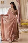 Buy_Paulmi And Harsh_Brown Jacquard, Organza Sequins V-neck Kurta Pant Set _at_Aza_Fashions