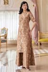 Buy_Paulmi And Harsh_Brown Jacquard V-neck Mocha Kurta And Palazzo Set _at_Aza_Fashions