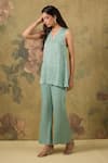 Buy_House Of TA-YA_Green Modal, Satin Embroidery V-neck Top And Pant Set _Online_at_Aza_Fashions