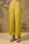 House Of TA-YA_Yellow Modal, Satin Zari V-neck Gold Embroidered Kurta Set _Online_at_Aza_Fashions