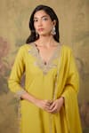 Buy_House Of TA-YA_Yellow Modal, Satin Zari V-neck Gold Embroidered Kurta Set _Online_at_Aza_Fashions