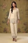 Buy_House Of TA-YA_White Chanderi Zari Collared Gold Embroidered Top And Pant Set _at_Aza_Fashions