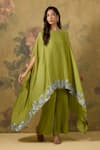 Buy_House Of TA-YA_Green Modal, Satin Embroidery Round Neck Resham Kaftan And Pant Set _at_Aza_Fashions