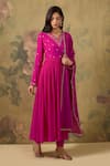 Shop_House Of TA-YA_Pink Cotton Sequins V-neck Kurta Chudidar Set _Online_at_Aza_Fashions