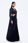 Onaya_Navy Crepe Sequins, Cut Work Pre-draped Lehenga Saree And Embellished Blouse Set _Online_at_Aza_Fashions