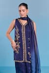 Kalista_Blue Viscose, Satin, Silk Embroidery Split V-neck Helen Kurta Set _at_Aza_Fashions