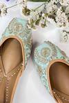 Shop_Pixie Pearlz_Turquoise Zehra Handcrafted Silk Juttis _at_Aza_Fashions
