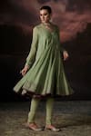 Buy_Swatti Kapoor_Green Chanderi V-neck Nina Floral Print Kurta _Online_at_Aza_Fashions