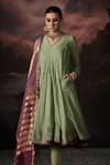 Swatti Kapoor_Green Cotton, Lycra Zari V-neck Nina Floral Print Kurta Set _Online_at_Aza_Fashions
