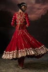 Shop_Swatti Kapoor_Red Chanderi, Silk Collared Noor Embroidered Gilet _at_Aza_Fashions