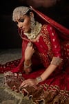 Shop_Swatti Kapoor_Red Cotton, Lycra Embroidery, Sequins Round Neck Noor Jacket Set With Dupatta 