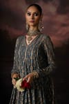 Shop_Swatti Kapoor_Blue Chanderi Embroidery V-neck Sufia Floral Print Anarkali Set _Online_at_Aza_Fashions