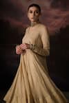 Swatti Kapoor_Gold Embroidery V-neck Daania Stripe Woven Anarkali _Online_at_Aza_Fashions
