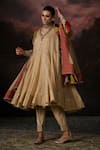 Buy_Swatti Kapoor_Gold Chanderi, Cotton Embroidery V-neck Daania Stripe Woven Anarkali Set _at_Aza_Fashions