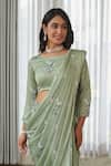 Pasha India_Green Silk, Satin Embroidery Round Neck Tulsi Blouse With Dhoti Pant Saree _Online_at_Aza_Fashions