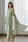 Buy_Pasha India_Green Silk, Satin Embroidery Round Neck Tulsi Blouse With Dhoti Pant Saree _Online_at_Aza_Fashions