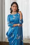 Pasha India_Blue Satin Embroidery Round Neck Indra Dhoti Pant Saree With Blouse _Online_at_Aza_Fashions