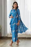 Buy_Pasha India_Blue Satin Embroidery Round Neck Indra Dhoti Pant Saree With Blouse _Online_at_Aza_Fashions