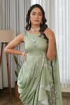 Pasha India_Green Embroidery Boat Neck Tulsi Ruffle Saree Gown _Online_at_Aza_Fashions