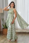 Shop_Pasha India_Green Embroidery Boat Neck Tulsi Ruffle Saree Gown _Online_at_Aza_Fashions