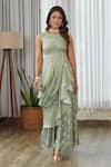 Pasha India_Green Embroidery Boat Neck Tulsi Ruffle Saree Gown _at_Aza_Fashions