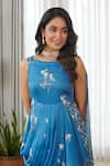 Pasha India_Blue Satin Embroidery Boat Neck Indra Ruffle Saree Gown _Online_at_Aza_Fashions