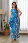 Buy_Pasha India_Blue Satin Embroidery Boat Neck Indra Ruffle Saree Gown _at_Aza_Fashions