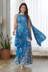 Shop_Pasha India_Blue Satin Embroidery Boat Neck Indra Ruffle Saree Gown _at_Aza_Fashions