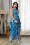 Buy_Pasha India_Blue Satin Embroidery Boat Neck Indra Ruffle Saree Gown _Online_at_Aza_Fashions