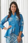 Pasha India_Blue Cotton, Rayon Embroidery Collared Indra Peplum Dhoti Jumpsuit _Online_at_Aza_Fashions