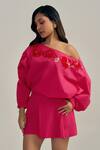 Buy_Neetiandmudita_Fuchsia Cotton Embroidery Asymmetric Flame Top _at_Aza_Fashions