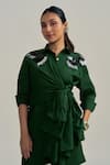 Buy_Neetiandmudita_Green Cotton Collared Silverleaf Wrap Shirt _at_Aza_Fashions