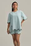 Shop_Neetiandmudita_Blue Crepe Round Neck Morning Dew Shorts Co-ord Set _Online_at_Aza_Fashions