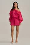 Shop_Neetiandmudita_Fuchsia Cotton Embroidery Off-shoulder Flame Shorts Set _Online_at_Aza_Fashions