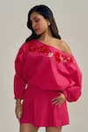 Neetiandmudita_Fuchsia Cotton Embroidery Off-shoulder Flame Shorts Set _at_Aza_Fashions
