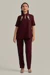 Neetiandmudita Burgundy Crepe Mandarin Collar Merlot Edge Pant Co-ord Set Online at Aza Fashions Neetiandmudita_Burgundy Crepe Mandarin Collar Merlot Edge Pant Co-ord Set _Online_at_Aza_Fashions