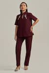 Buy Neetiandmudita Burgundy Crepe Mandarin Collar Merlot Edge Pant Co-ord Set Online at Aza Fashions Buy_Neetiandmudita_Burgundy Crepe Mandarin Collar Merlot Edge Pant Co-ord Set _Online_at_Aza_Fashions