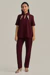 Buy Neetiandmudita Burgundy Crepe Mandarin Collar Merlot Edge Pant Co-ord Set at Aza Fashions Buy_Neetiandmudita_Burgundy Crepe Mandarin Collar Merlot Edge Pant Co-ord Set _at_Aza_Fashions
