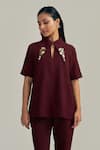 Neetiandmudita Burgundy Crepe Mandarin Collar Merlot Edge Pant Co-ord Set at Aza Fashions Neetiandmudita_Burgundy Crepe Mandarin Collar Merlot Edge Pant Co-ord Set _at_Aza_Fashions